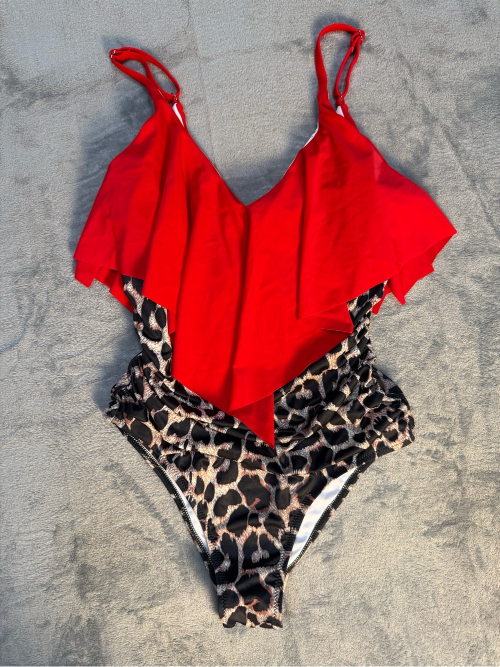Women’s Red Ruffle One-Piece Swimsuit with Leopard Print Medium NWOT